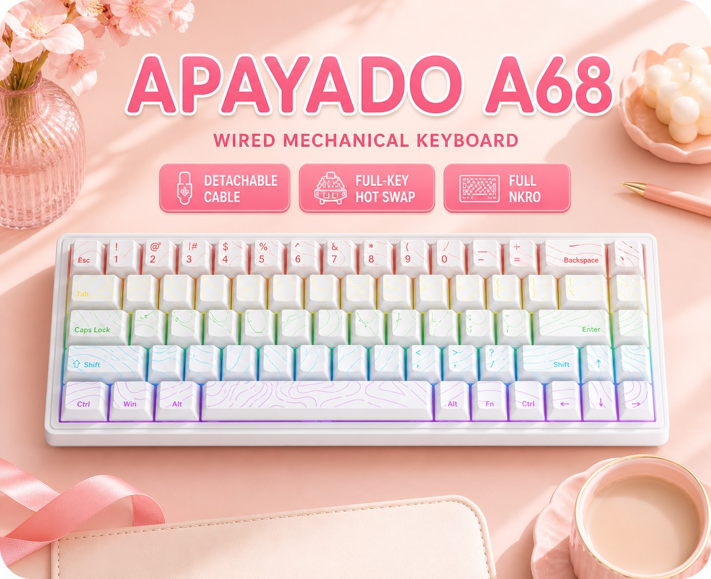 Keyboard Gaming Blue Switch - APAYADO A68 Wired Mechanical Keyboard Hot‑Swappable